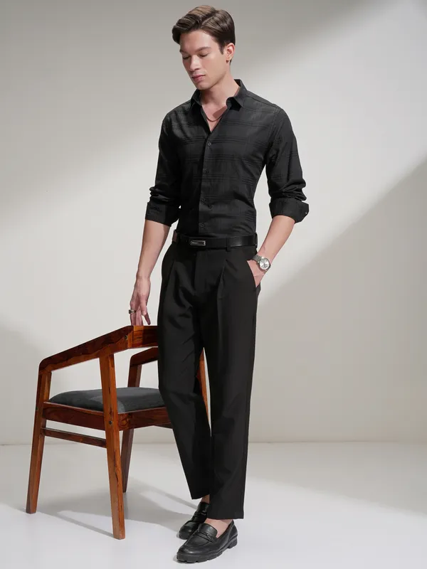 Locomotive Men Black Self Design Slim Fit Casual Shirt