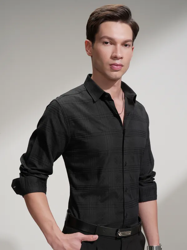Locomotive Men Black Self Design Slim Fit Casual Shirt