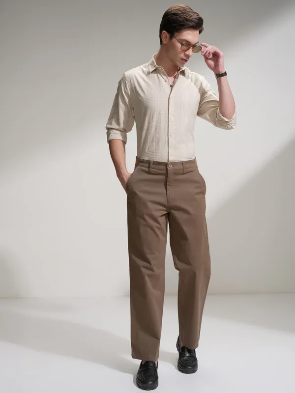 Locomotive Men Beige Self Design Slim Fit Casual Shirt