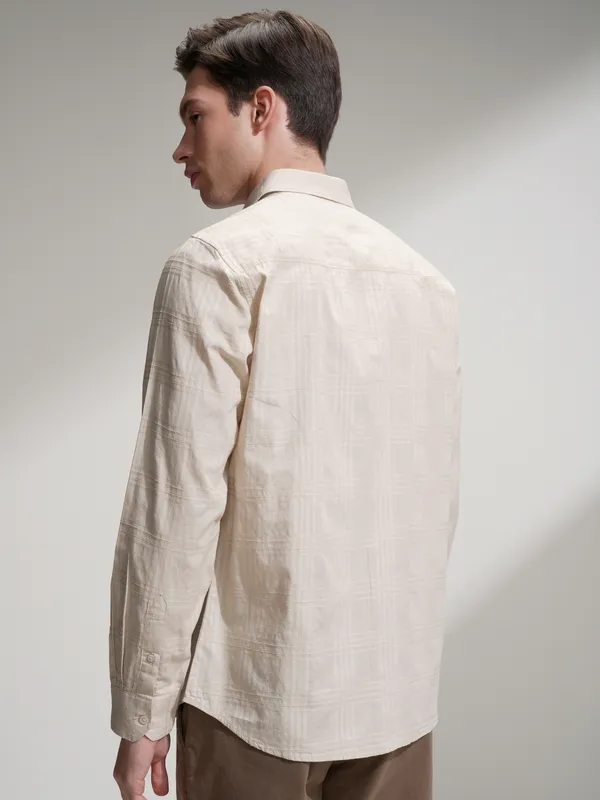 Locomotive Men Beige Self Design Slim Fit Casual Shirt