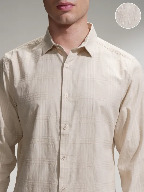 Locomotive Men Beige Self Design Slim Fit Casual Shirt