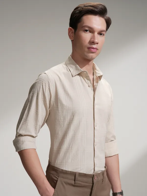 Locomotive Men Beige Self Design Slim Fit Casual Shirt