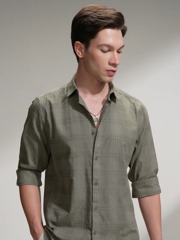 Locomotive Men Olive Self Design Slim Fit Casual Shirt