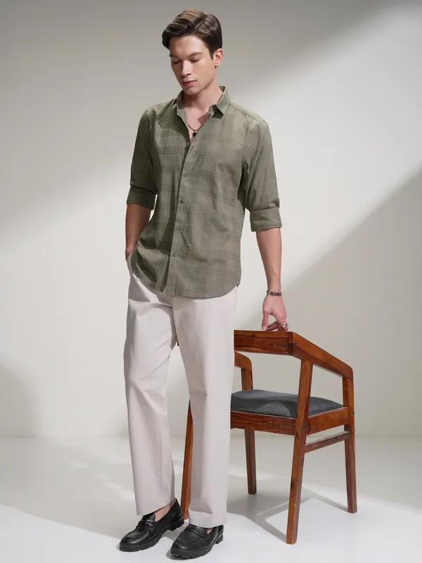 Locomotive Men Olive Self Design Slim Fit Casual Shirt