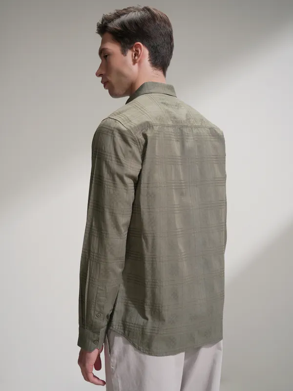 Locomotive Men Olive Self Design Slim Fit Casual Shirt