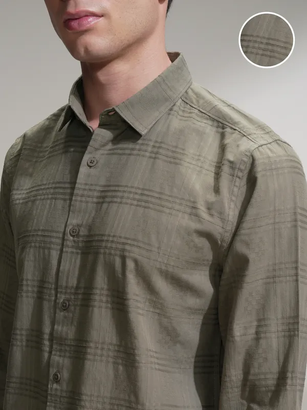 Locomotive Men Olive Self Design Slim Fit Casual Shirt