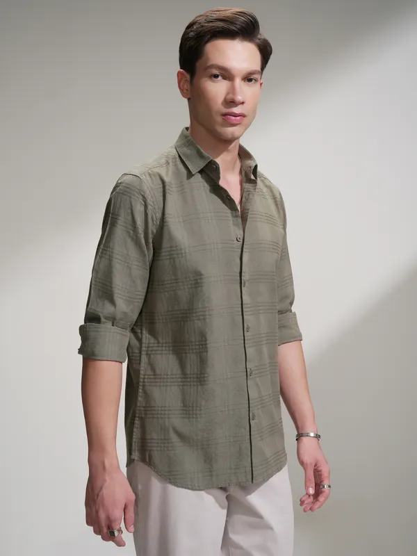 Locomotive Men Olive Self Design Slim Fit Casual Shirt