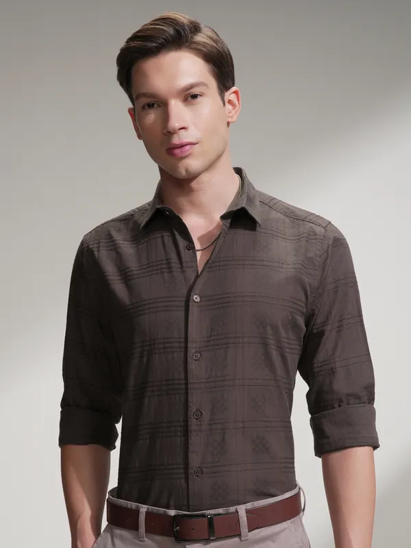 Locomotive Men Brown Self Design Slim Fit Casual Shirt