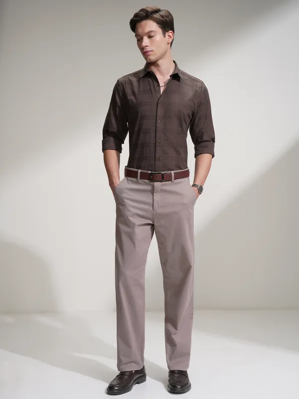 Locomotive Men Brown Self Design Slim Fit Casual Shirt