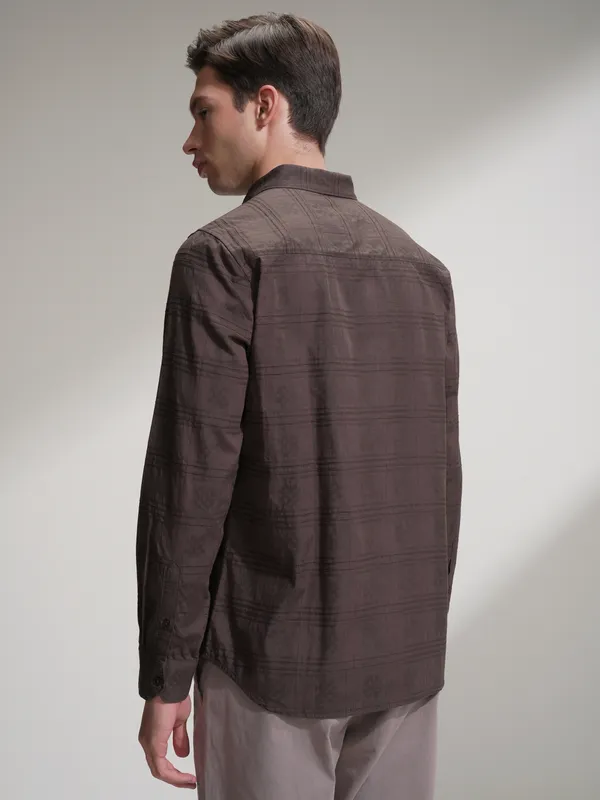 Locomotive Men Brown Self Design Slim Fit Casual Shirt