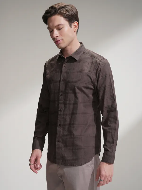 Locomotive Men Brown Self Design Slim Fit Casual Shirt