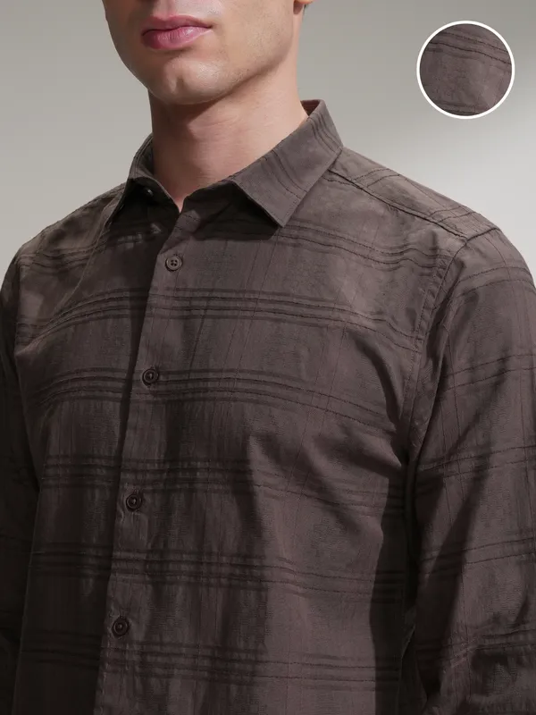 Locomotive Men Brown Self Design Slim Fit Casual Shirt
