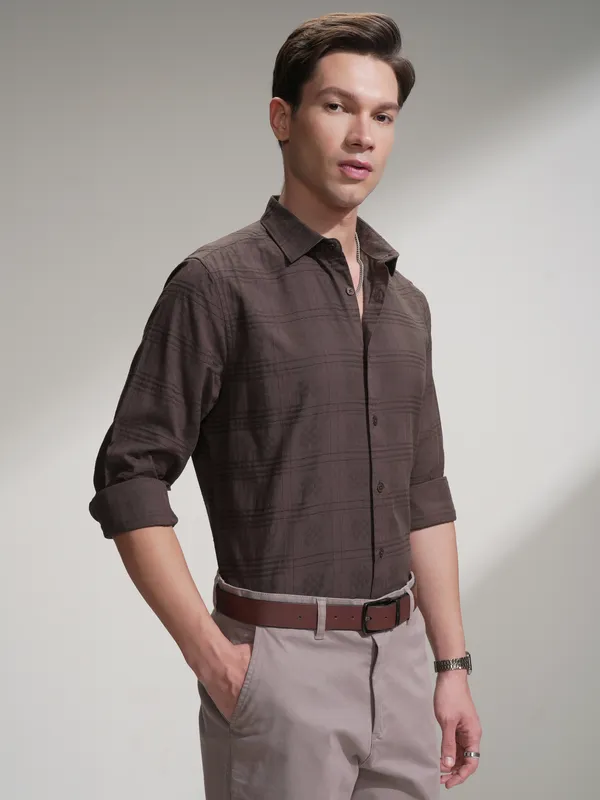 Locomotive Men Brown Self Design Slim Fit Casual Shirt