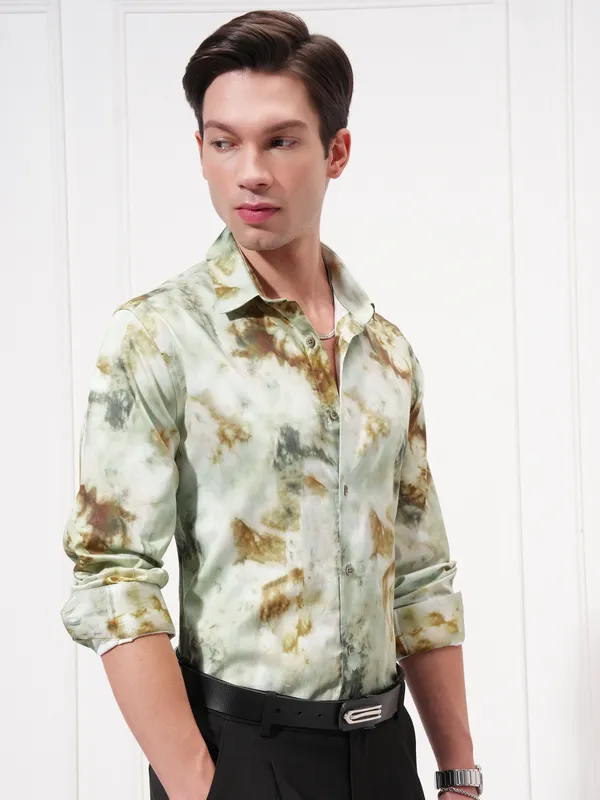 Locomotive Men Olive Printed Slim Fit Casual Shirt