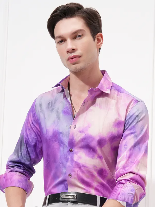 Locomotive Men Lavender Printed Slim Fit Casual Shirt