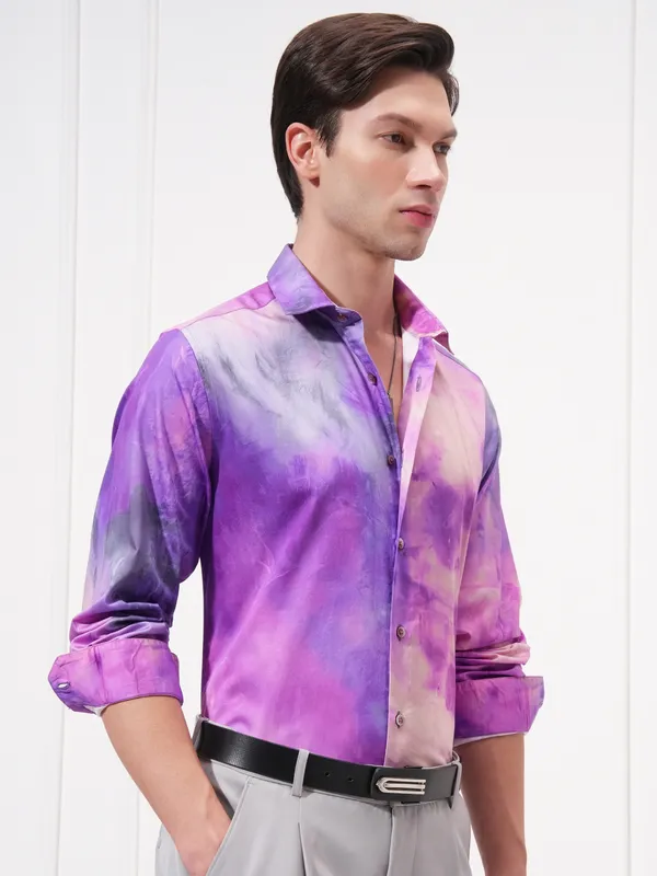 Locomotive Men Lavender Printed Slim Fit Casual Shirt