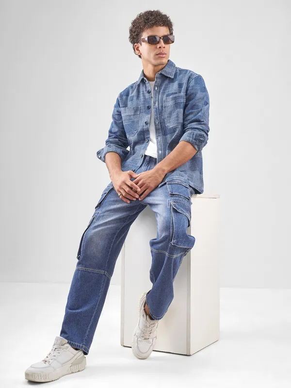 Locomotive Men Blue Self Design Relaxed Fit Casual Shirt