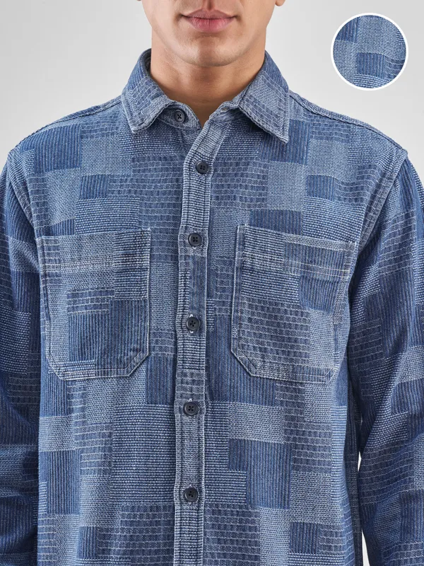 Locomotive Men Blue Self Design Relaxed Fit Casual Shirt