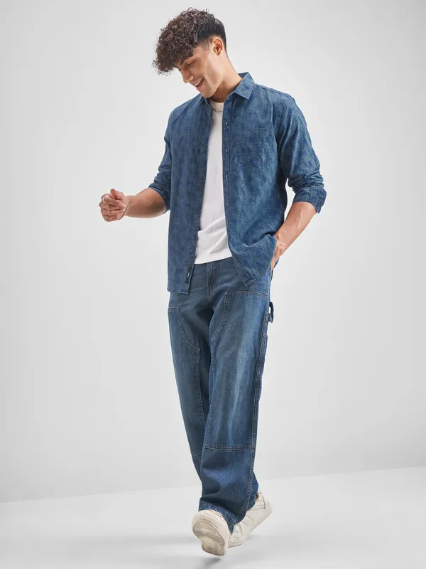 Locomotive Men Blue Self Design Slim Fit Casual Shirt