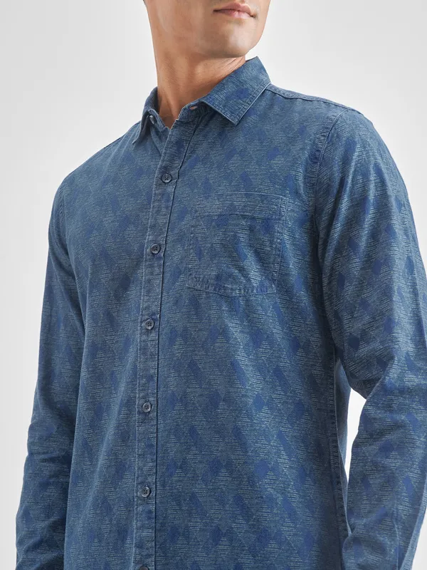 Locomotive Men Blue Self Design Slim Fit Casual Shirt