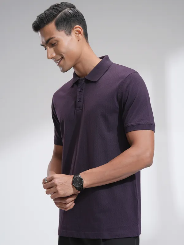 Locomotive Men Lavender Self Design Polo Collar T-Shirt