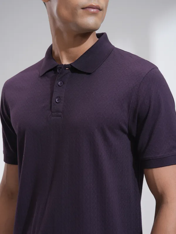Locomotive Men Lavender Self Design Polo Collar T-Shirt