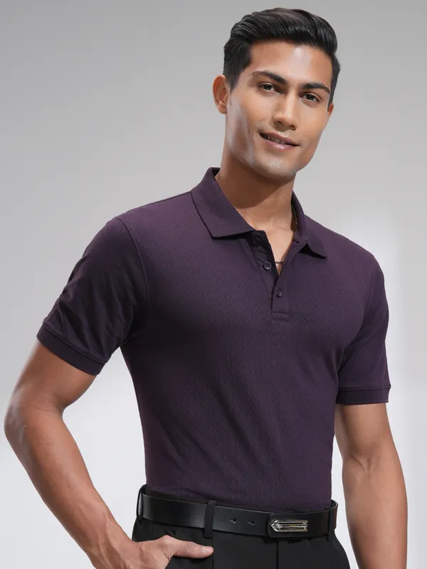 Locomotive Men Lavender Self Design Polo Collar T-Shirt