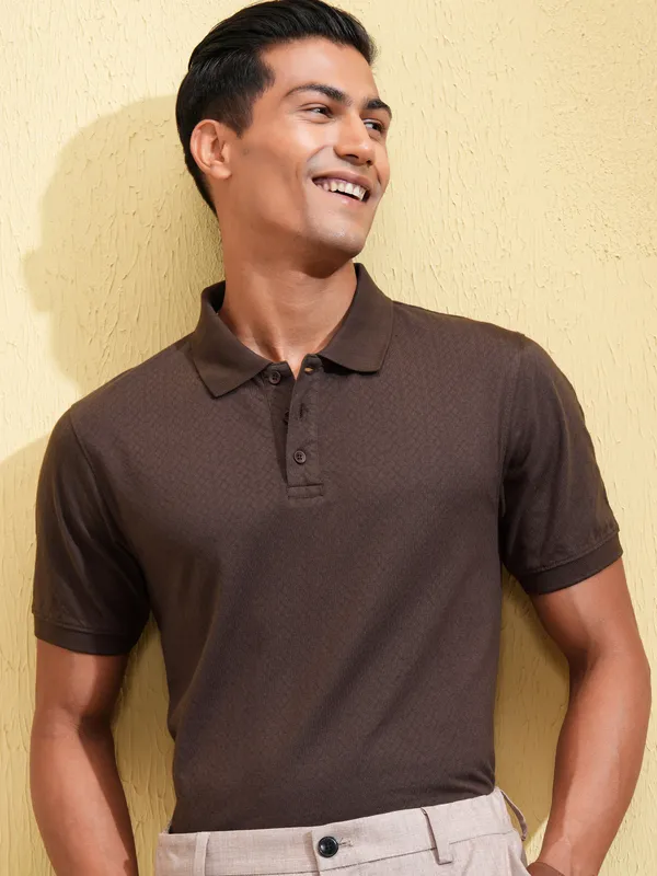 Locomotive Men Brown Self Design Polo Collar T-Shirt