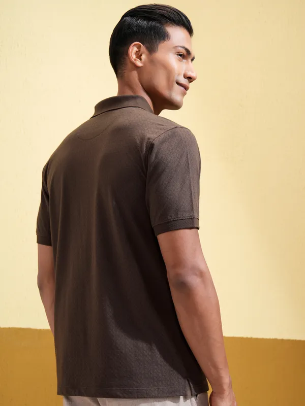 Locomotive Men Brown Self Design Polo Collar T-Shirt