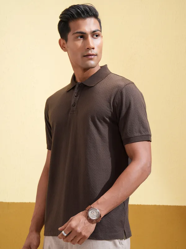 Locomotive Men Brown Self Design Polo Collar T-Shirt