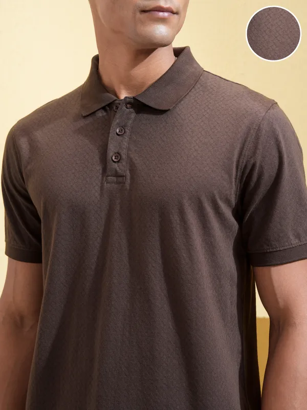 Locomotive Men Brown Self Design Polo Collar T-Shirt