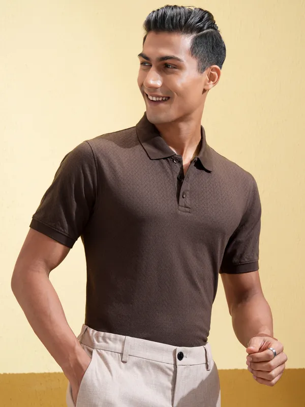 Locomotive Men Brown Self Design Polo Collar T-Shirt