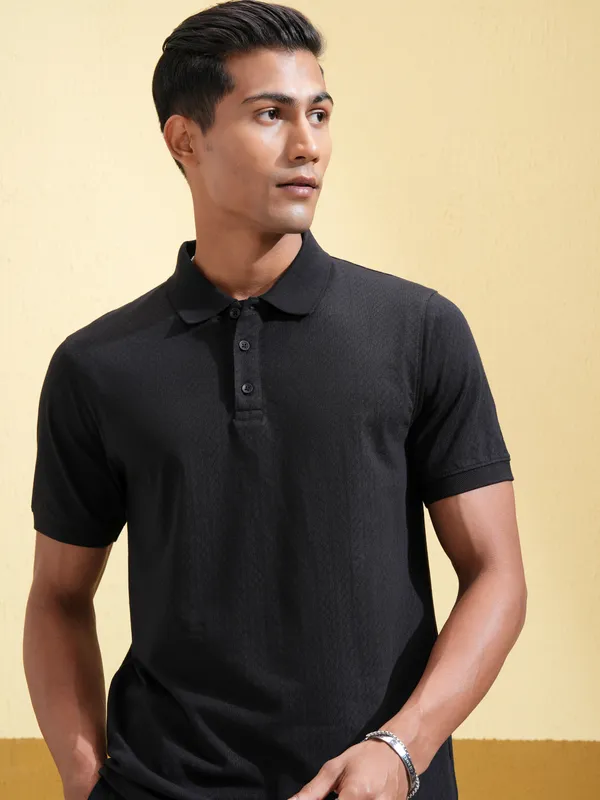 Locomotive Men Black Self Design Polo Collar T-Shirt