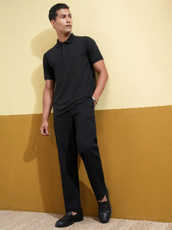 Locomotive Men Black Self Design Polo Collar T-Shirt