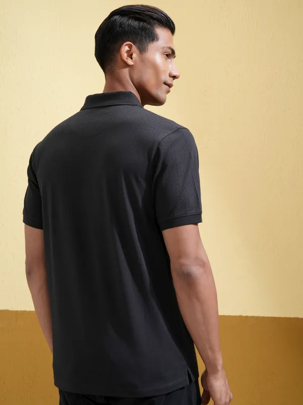 Locomotive Men Black Self Design Polo Collar T-Shirt