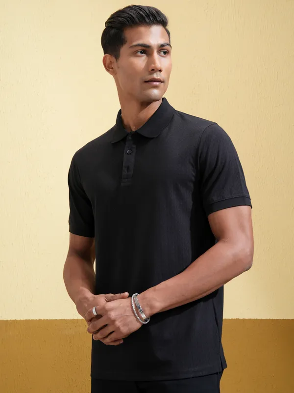 Locomotive Men Black Self Design Polo Collar T-Shirt
