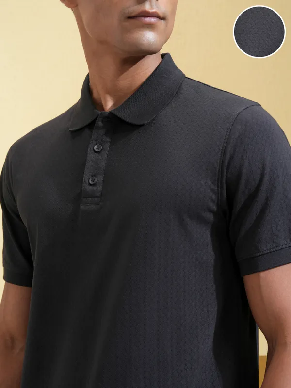 Locomotive Men Black Self Design Polo Collar T-Shirt