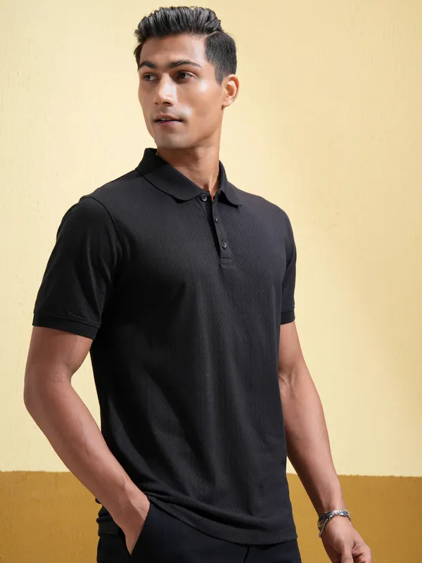 Locomotive Men Black Self Design Polo Collar T-Shirt