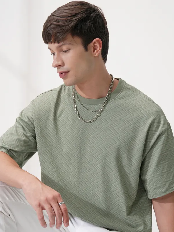 Locomotive Men Olive Self Design Round Neck T-Shirt