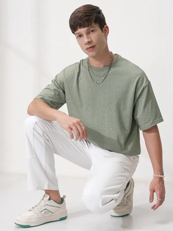 Locomotive Men Olive Self Design Round Neck T-Shirt