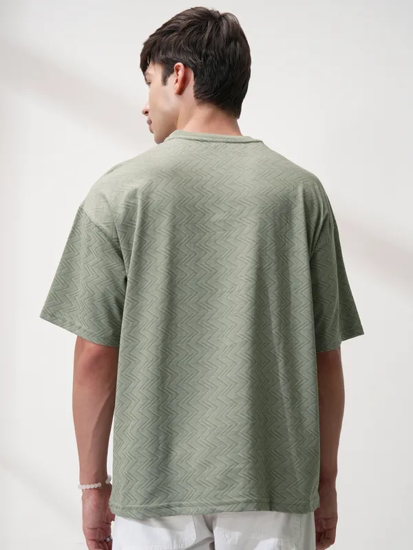 Locomotive Men Olive Self Design Round Neck T-Shirt