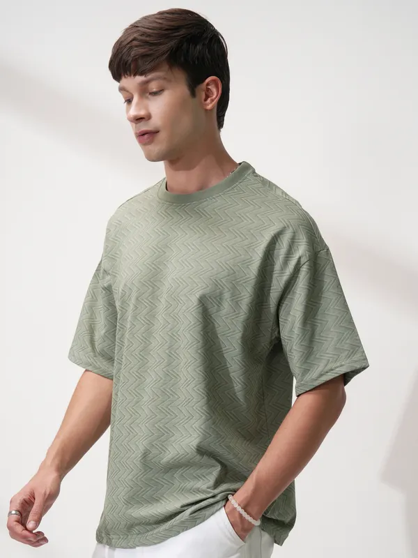 Locomotive Men Olive Self Design Round Neck T-Shirt