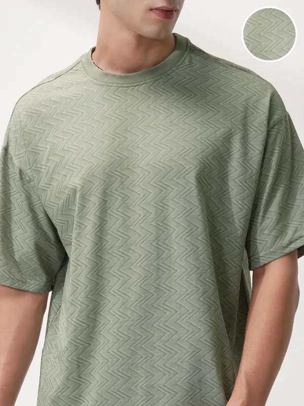 Locomotive Men Olive Self Design Round Neck T-Shirt