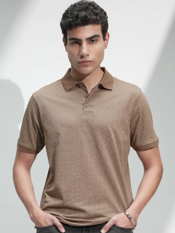 Locomotive Men Brown Self Design Polo Collar T-Shirt