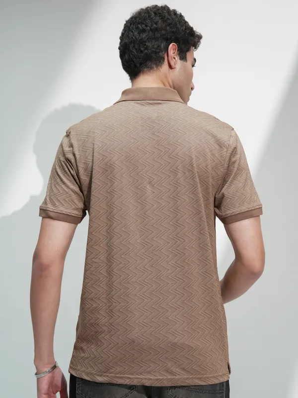 Locomotive Men Brown Self Design Polo Collar T-Shirt