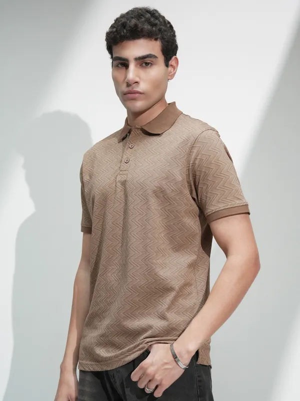 Locomotive Men Brown Self Design Polo Collar T-Shirt