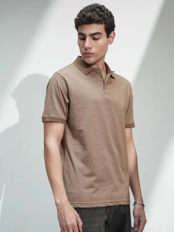 Locomotive Men Brown Self Design Polo Collar T-Shirt