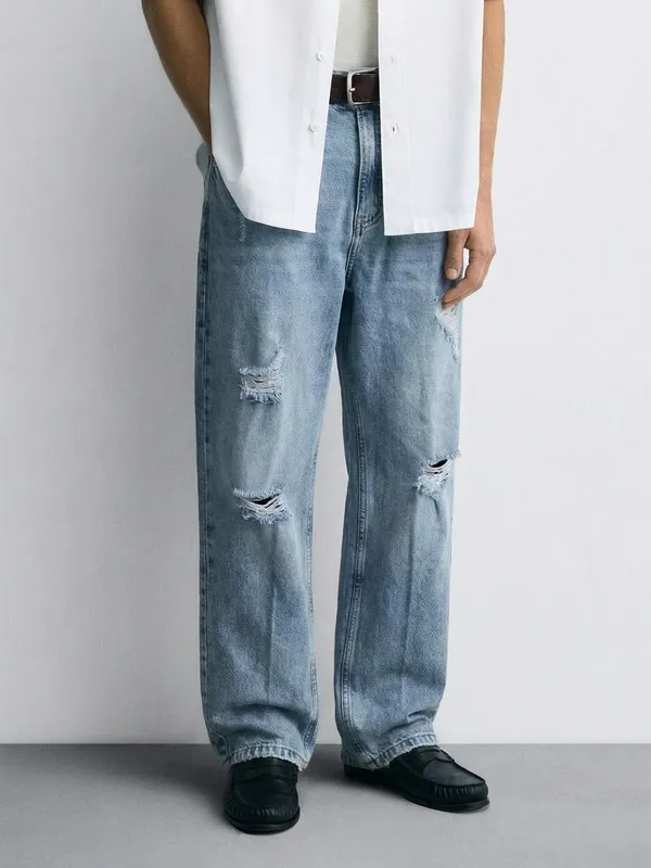 Purple By Highlander Men Blue Relaxed Fit Highly Distressed Jeans