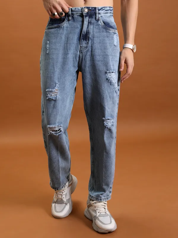 Purple By Highlander Men Blue Relaxed Fit Highly Distressed Jeans