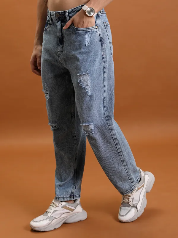 Purple By Highlander Men Blue Relaxed Fit Highly Distressed Jeans